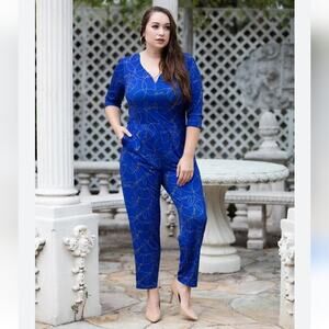 Size 3X SHAVONNE DORSEY Royal Blue Live Print 3/4 Sleeve Jumpsuit